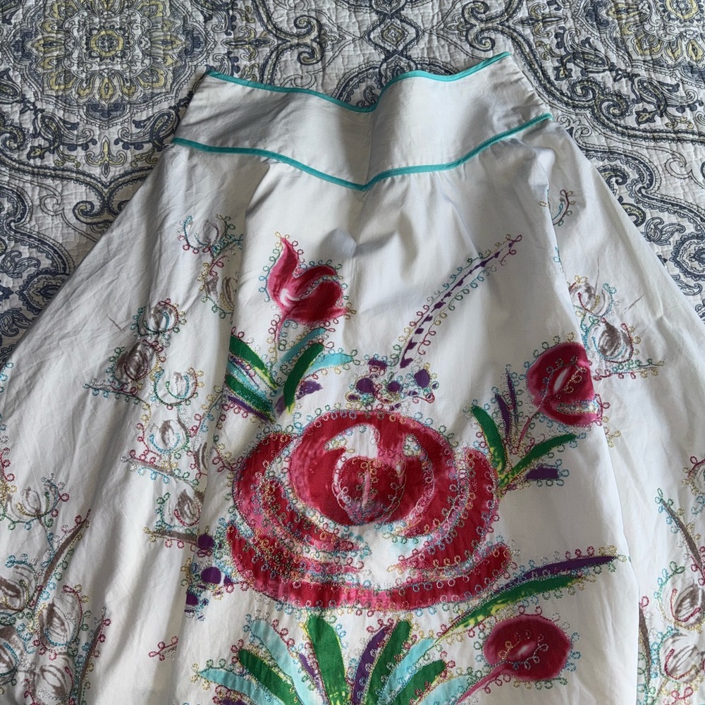 Promod Floral White Midi A-Line Skirt with Embellished Details